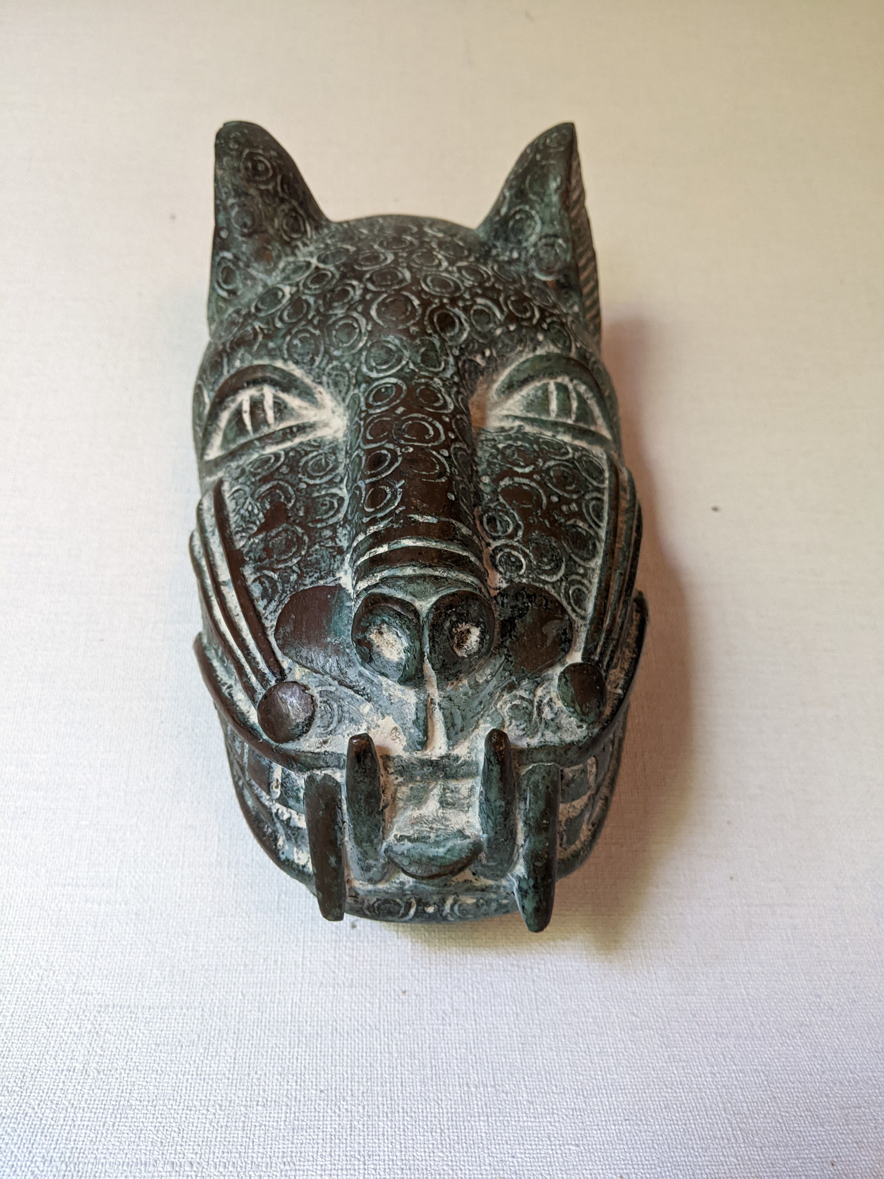 Bronze artisanal African art leopard tribal mask sculpture