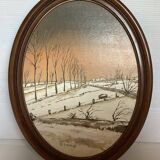 Snow landscape painting oil on cardboard