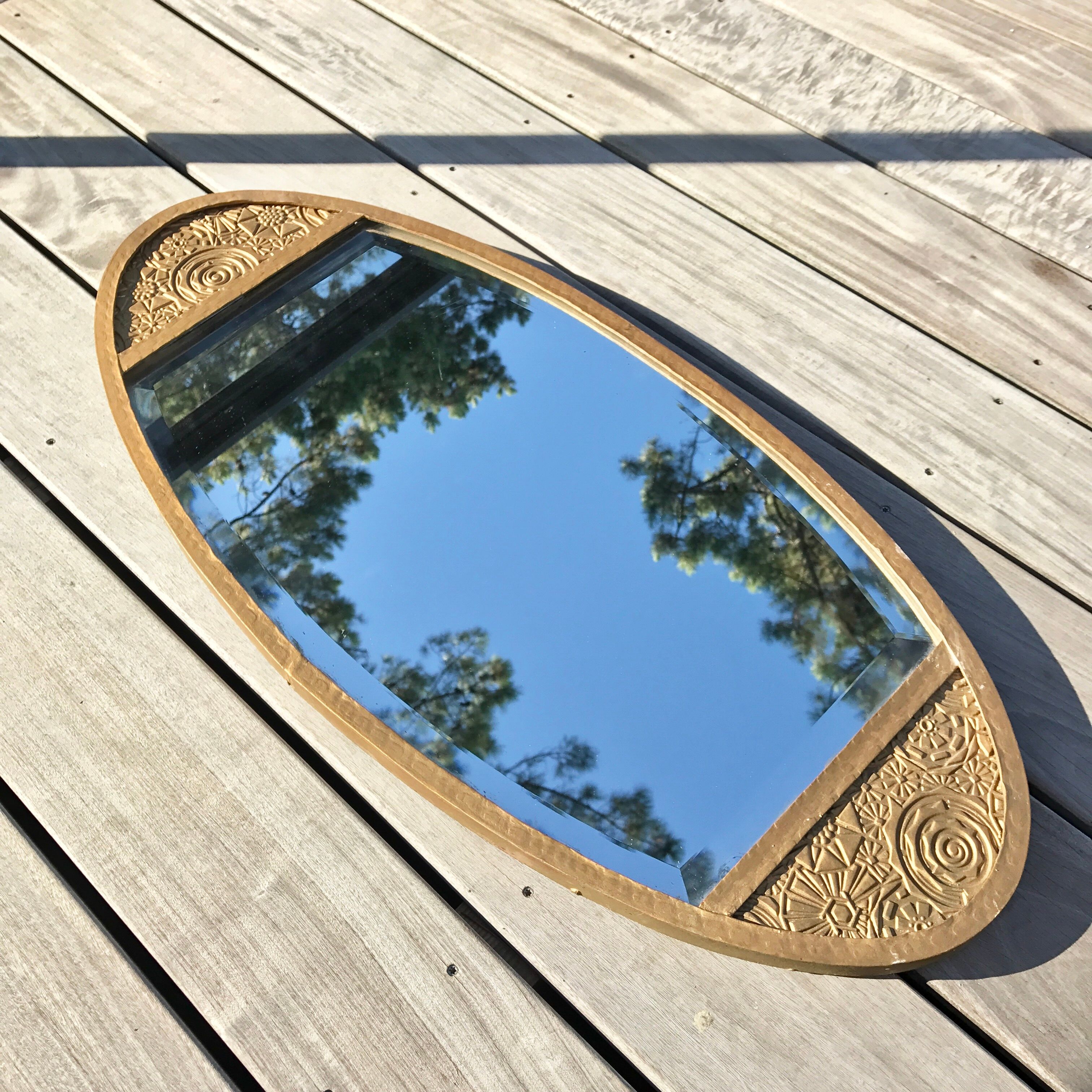 Miroir biseauté ovale art déco doré 84 x 39 cm