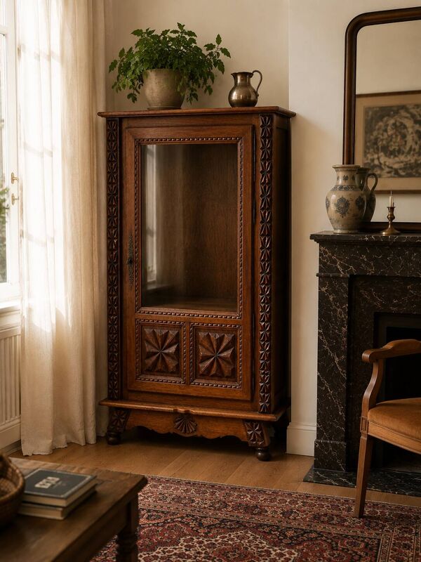 Vitrine / Vaisselier vintage basque en chêne massif – meuble ancien sculpté