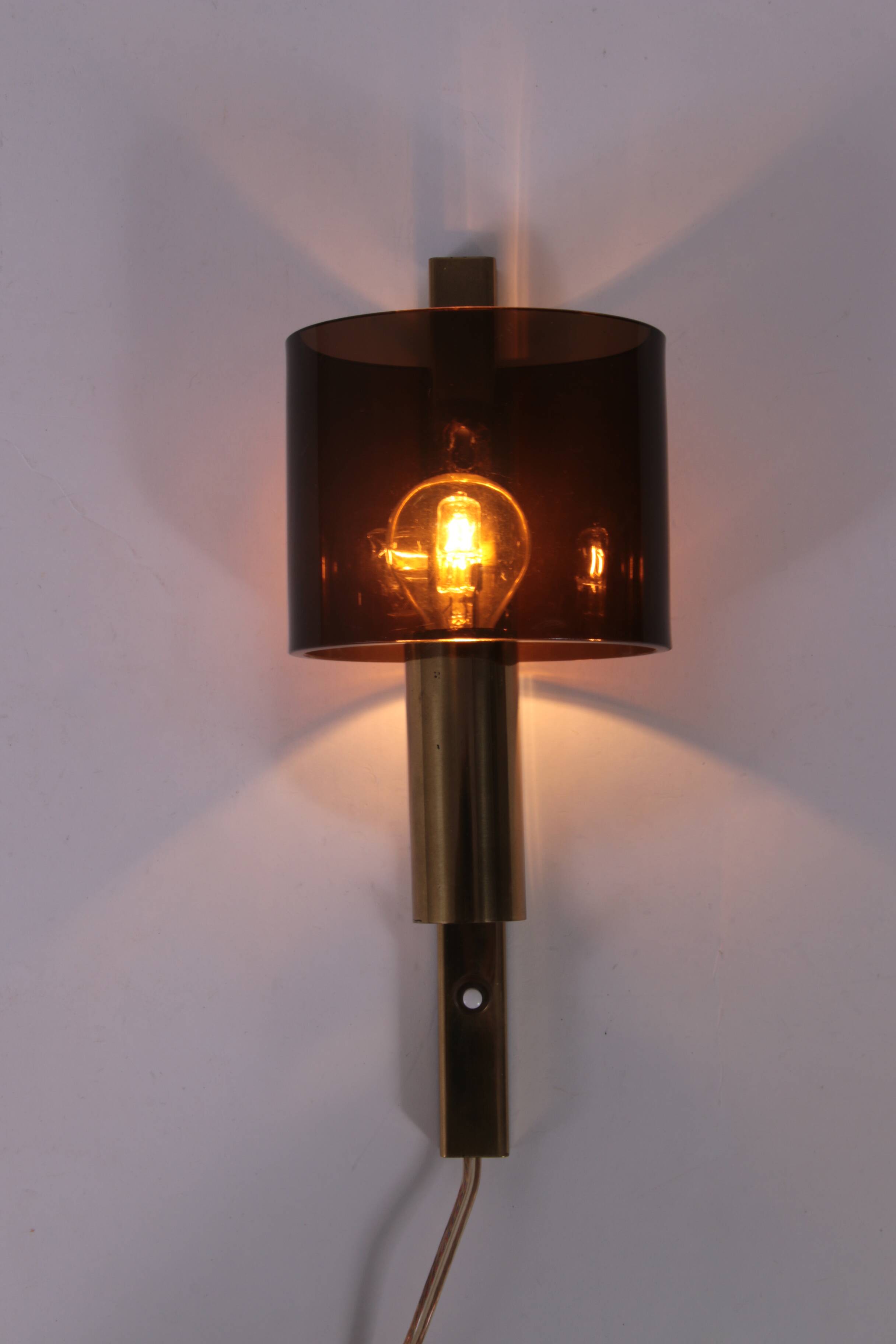 Danish Gilt Brass & Smoked Acrylic Glass Sconce from Hassel & Teudt, 1960s