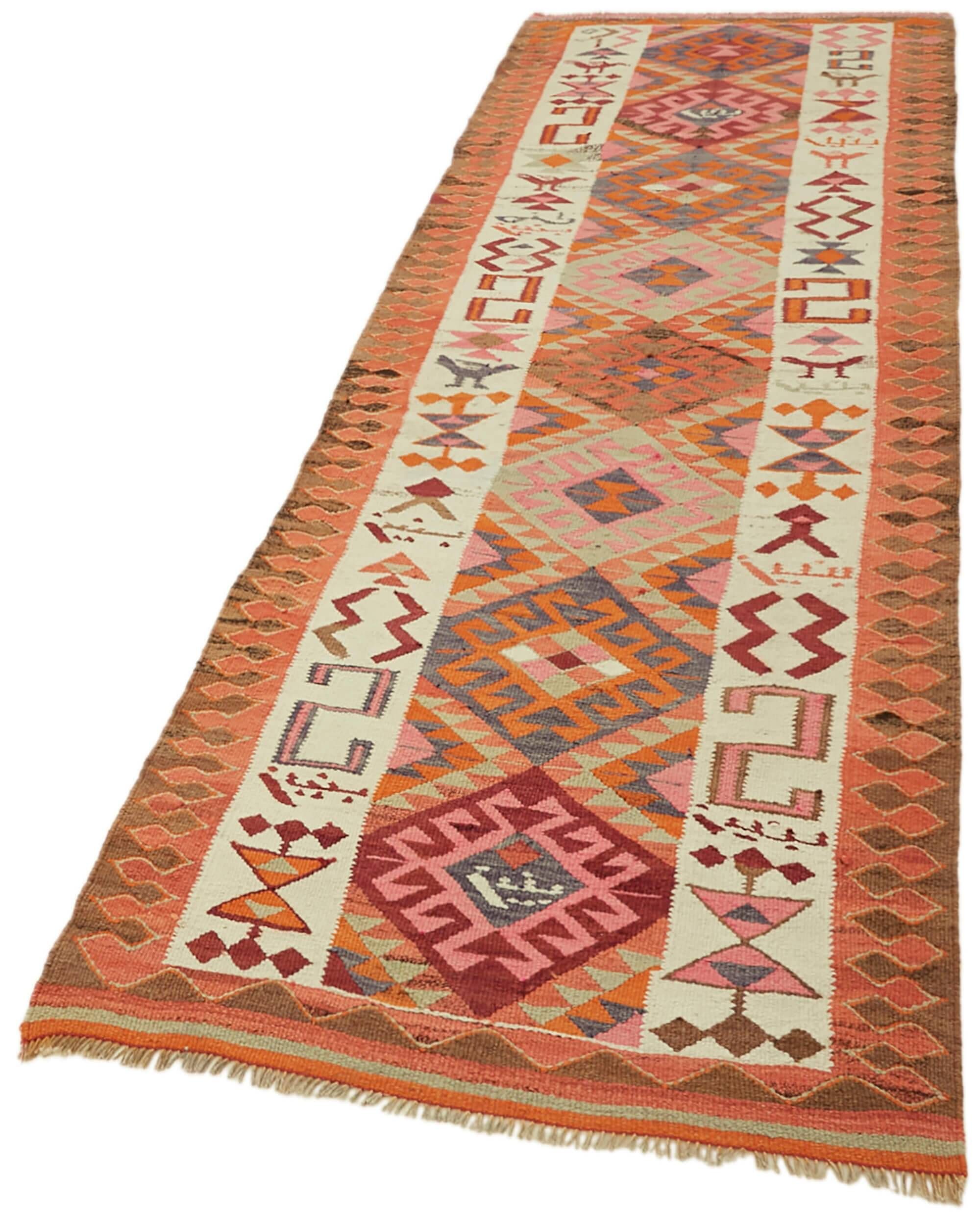 Turkish Handwoven Vintage Herki Kilim 110 cm x 318 cm