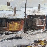 Mid-Century Modern Swedish "Chimneys" Vintage Winter Street Scene Oil Painting, Framed