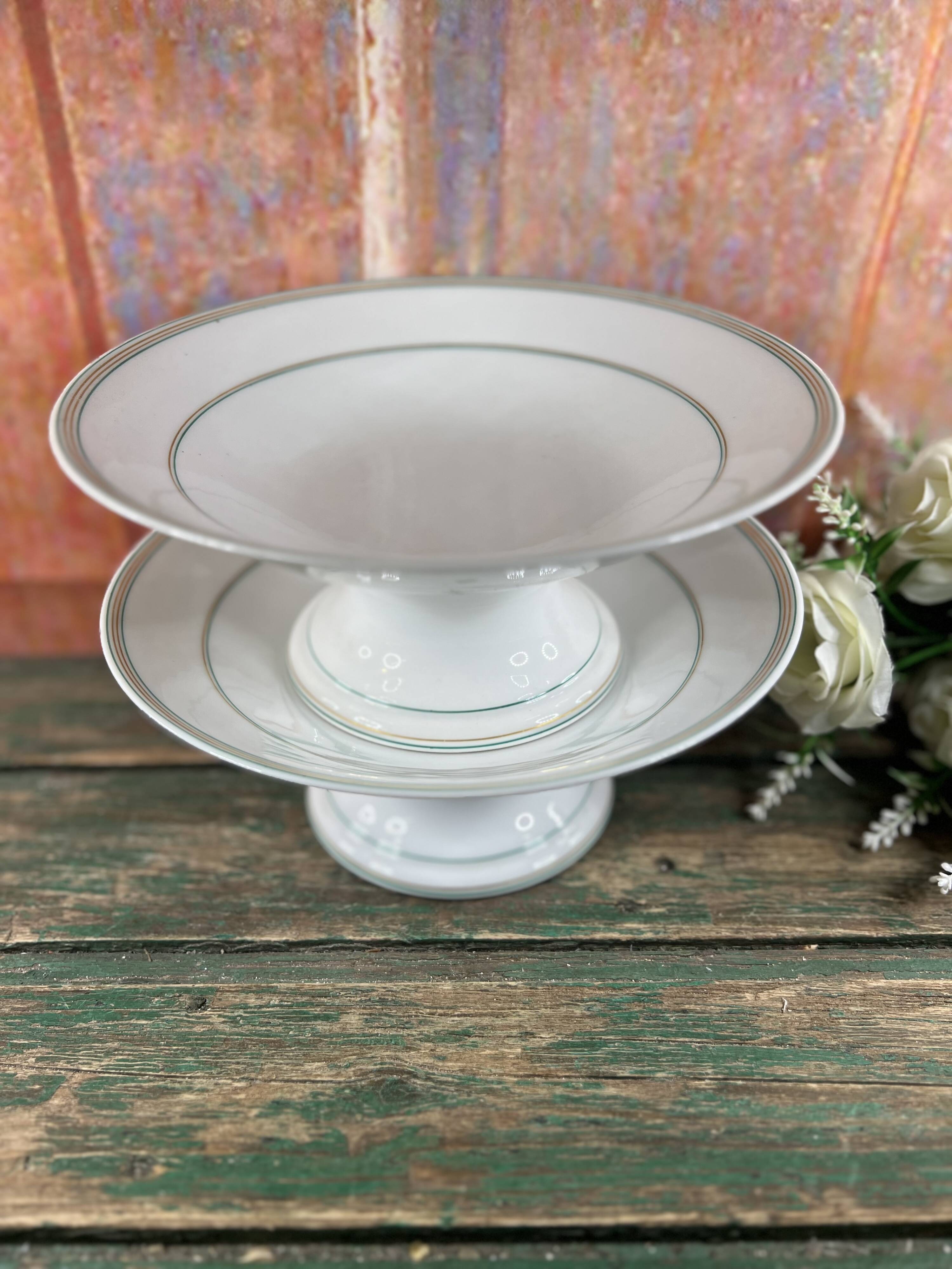 Pair of 2 white and green porcelain compote bowls