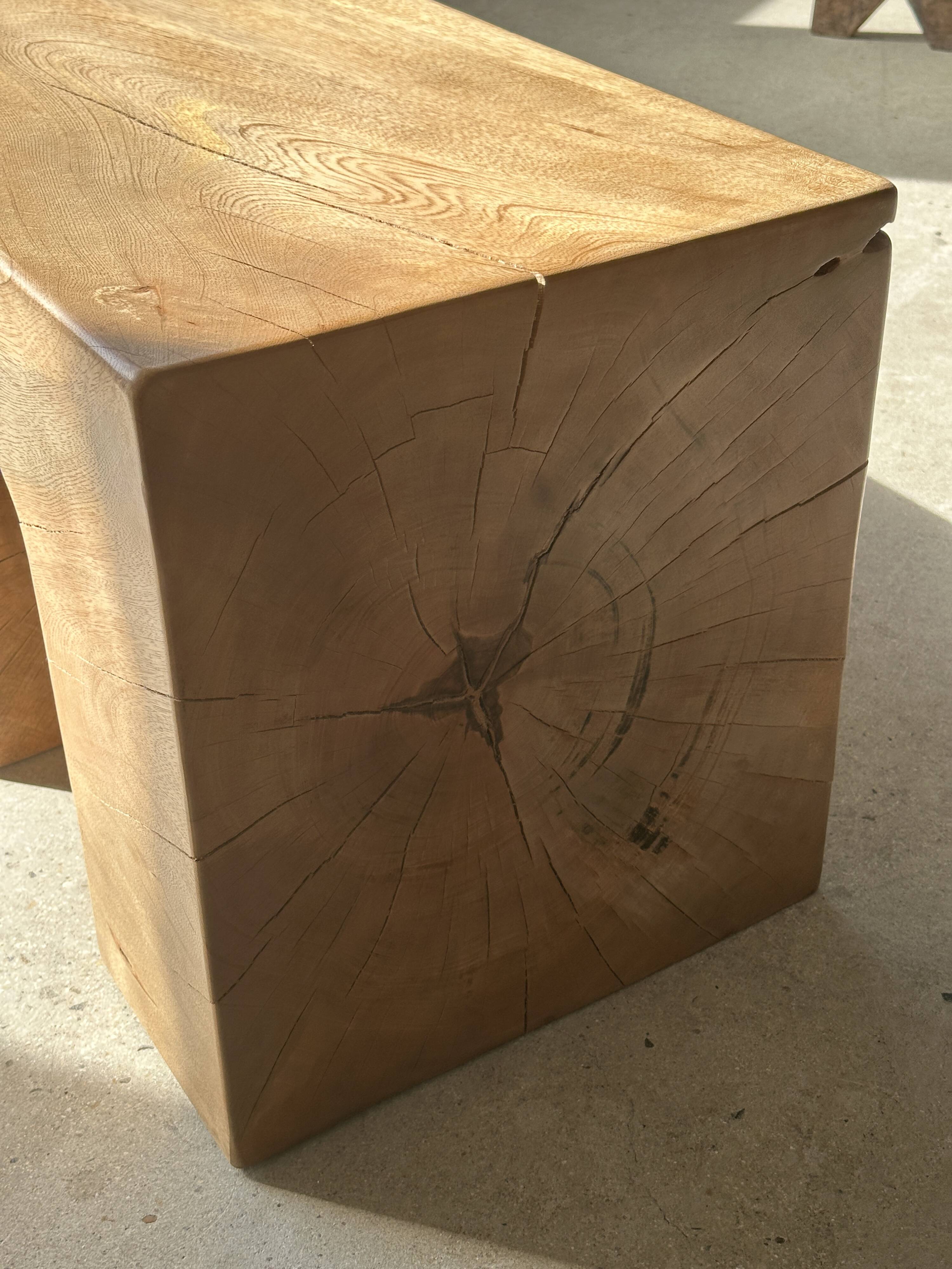 Solid monoxyl wood bench with carved 3-arch base - Natural wood color