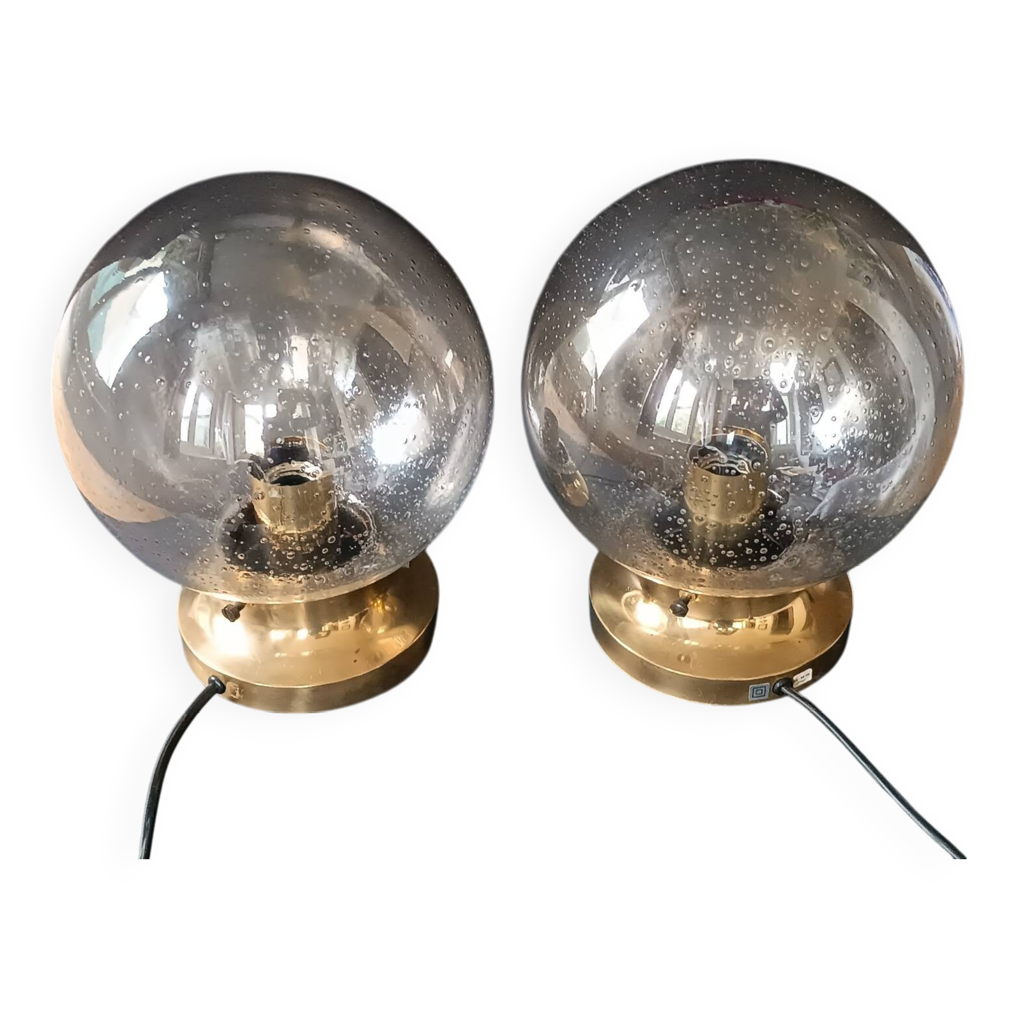 2 lampes de table globes bullés et laiton Limburg 1970