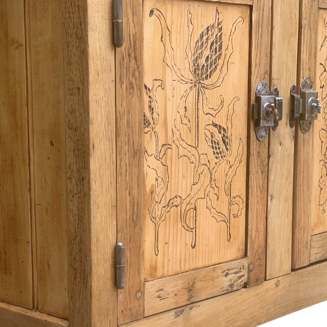 Parisian art deco sideboard in solid raw wood with pyrographed decorations, 1929