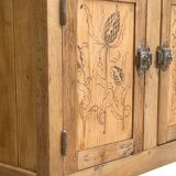 Parisian art deco sideboard in solid raw wood with pyrographed decorations, 1929