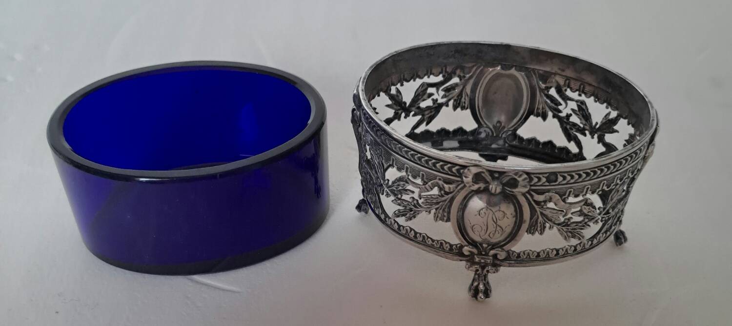 Louis XVI style salt cellar with silver collar mount and blue glass