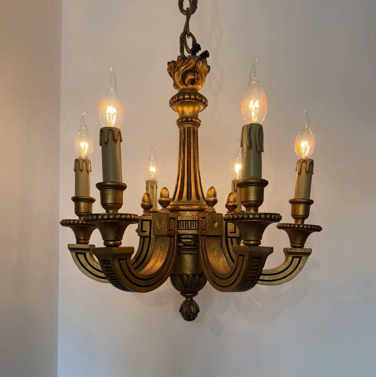 60s carved wood candle chandelier