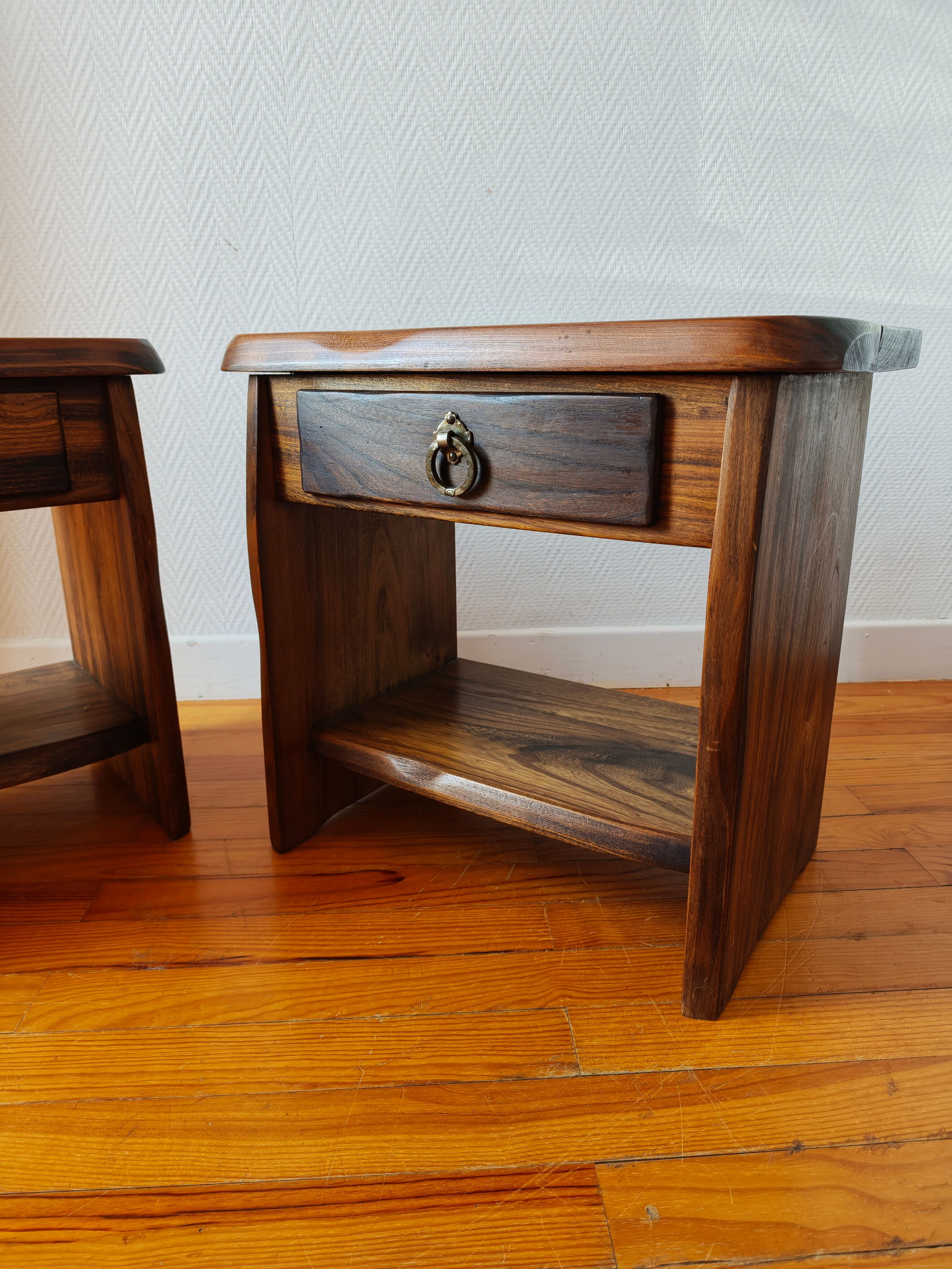 Pair of solid elm bedside tables, France 1970.