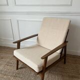 Scandinavian style armchair in wood and ecru fabric, 1950-1960