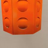 Danish Space-Age hanging lamp from the 80s, made in orange metal with cut-outs.