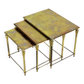 Vintage nesting table set france marbled glass copper plated metal fifties