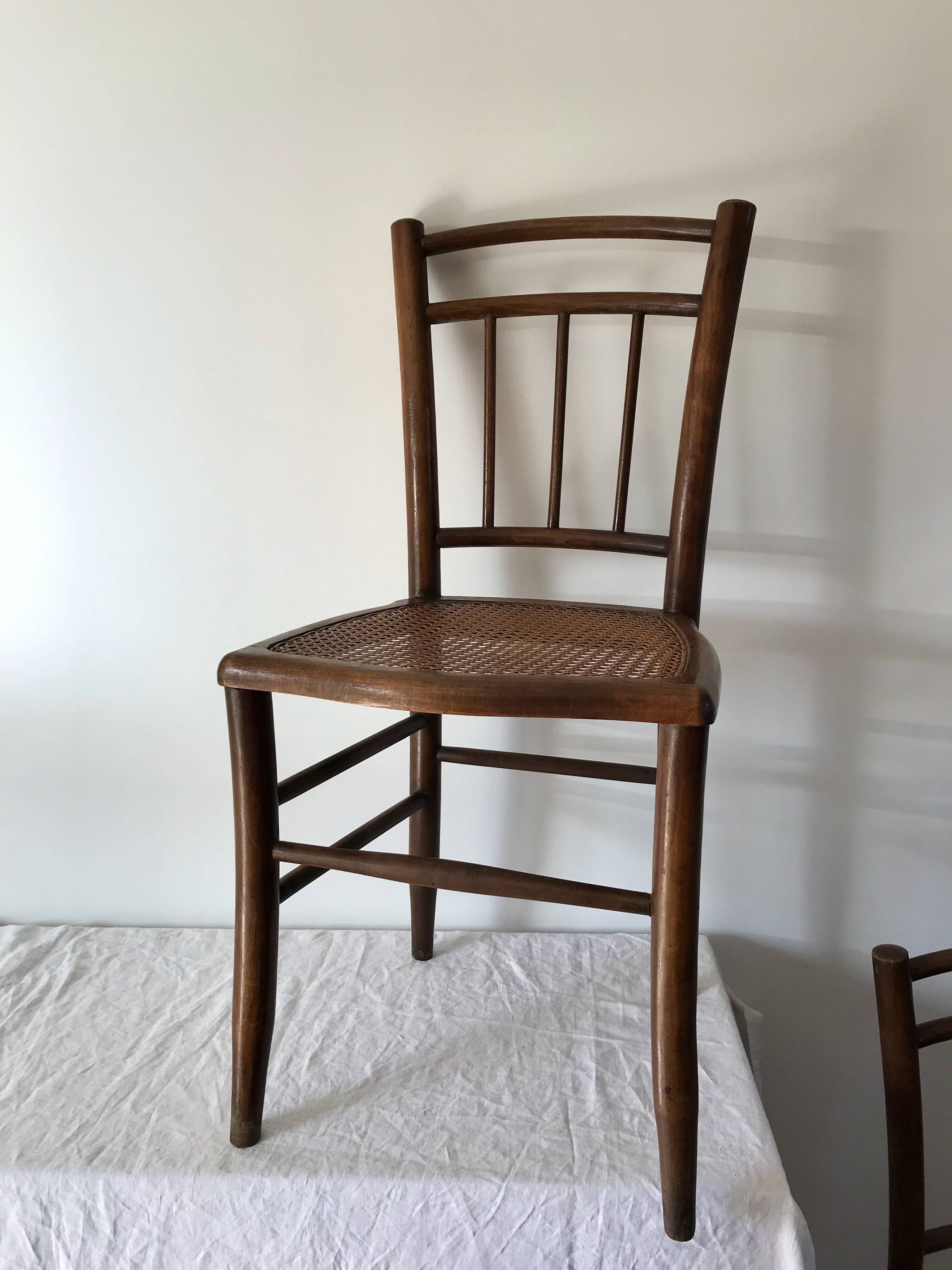 set of 4 bistro chairs in turned wood and canework stamped early 20th century