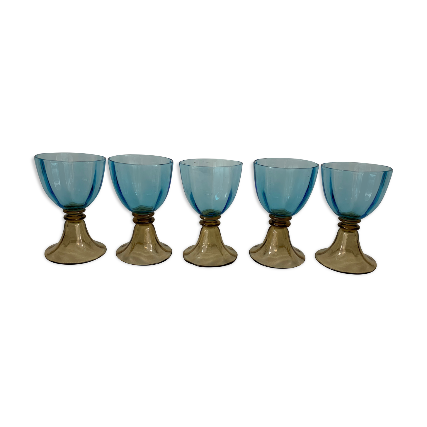 5 glasses in amber and blue crystal George Sand diabolos 19th century