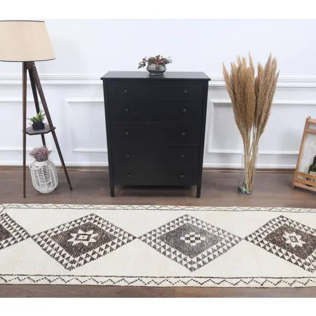 Vintage Turkish Oushak Handmade Wool Cotton White Runner Rug 90x345