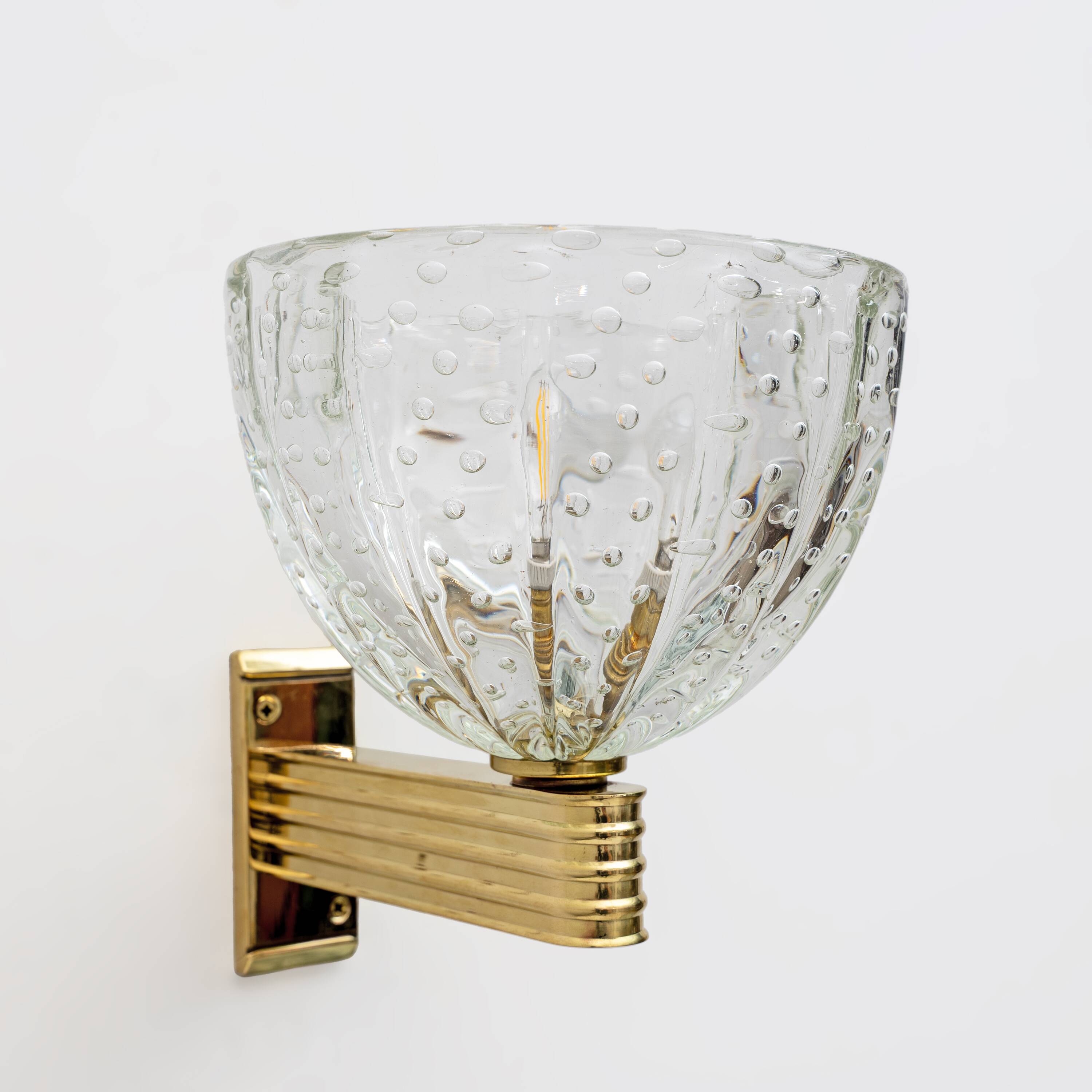 Attributed to Seguso Art Dèco Brass and "Pelugoso" Murano Glass Sconces, Pa