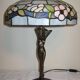 Art Nouveau Table Lamp in Burnished Brass and Coloured Glass (c. 1980)