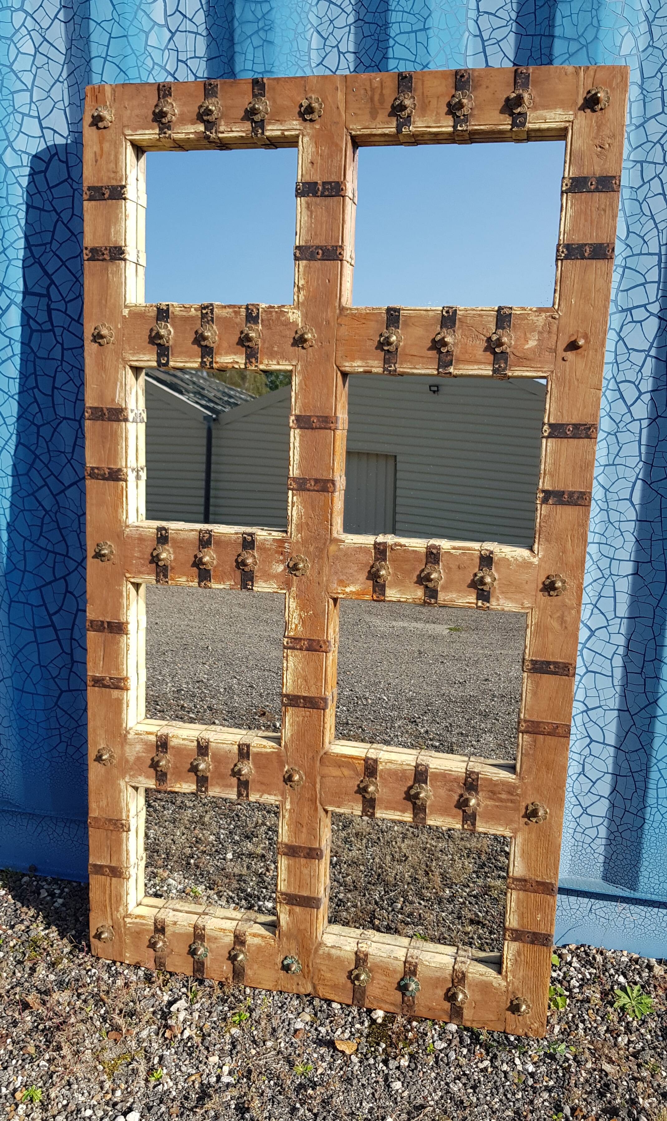 Old Burmese teak mirror with copper fittings