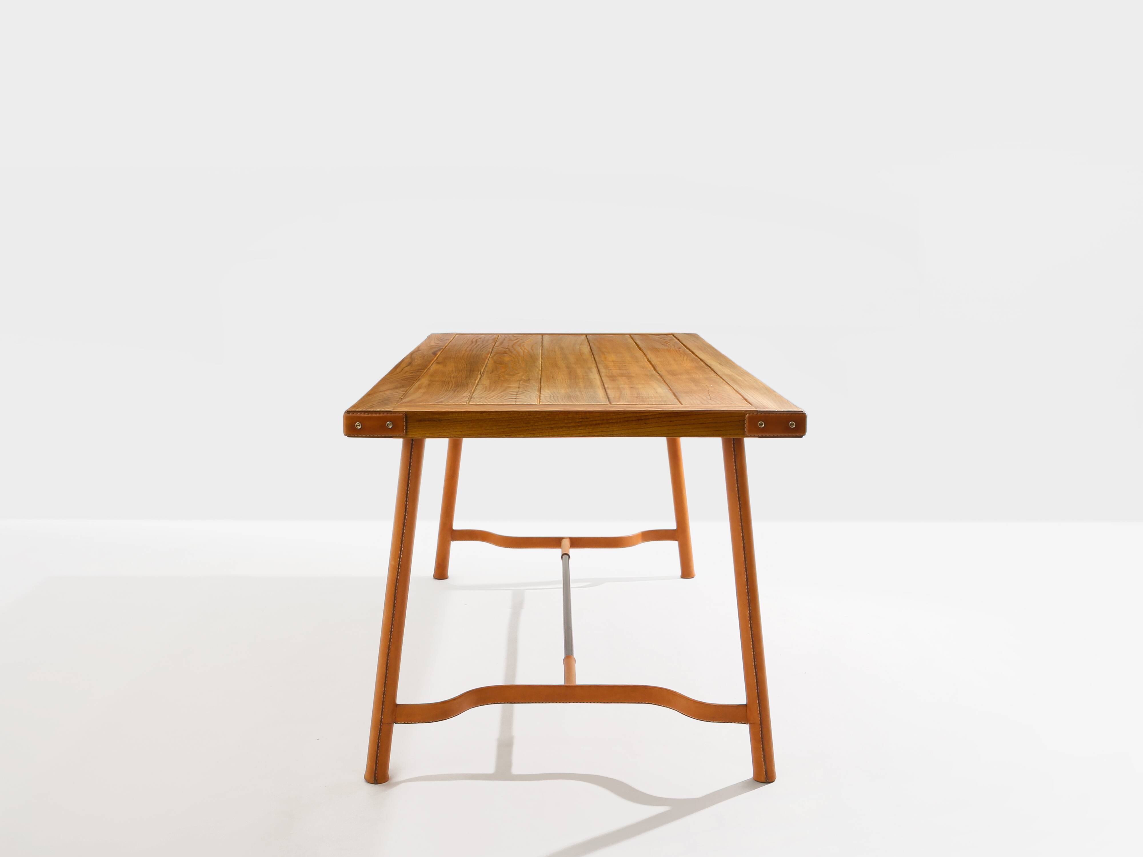 Jacques Adnet dining table oak red leather brass 1950