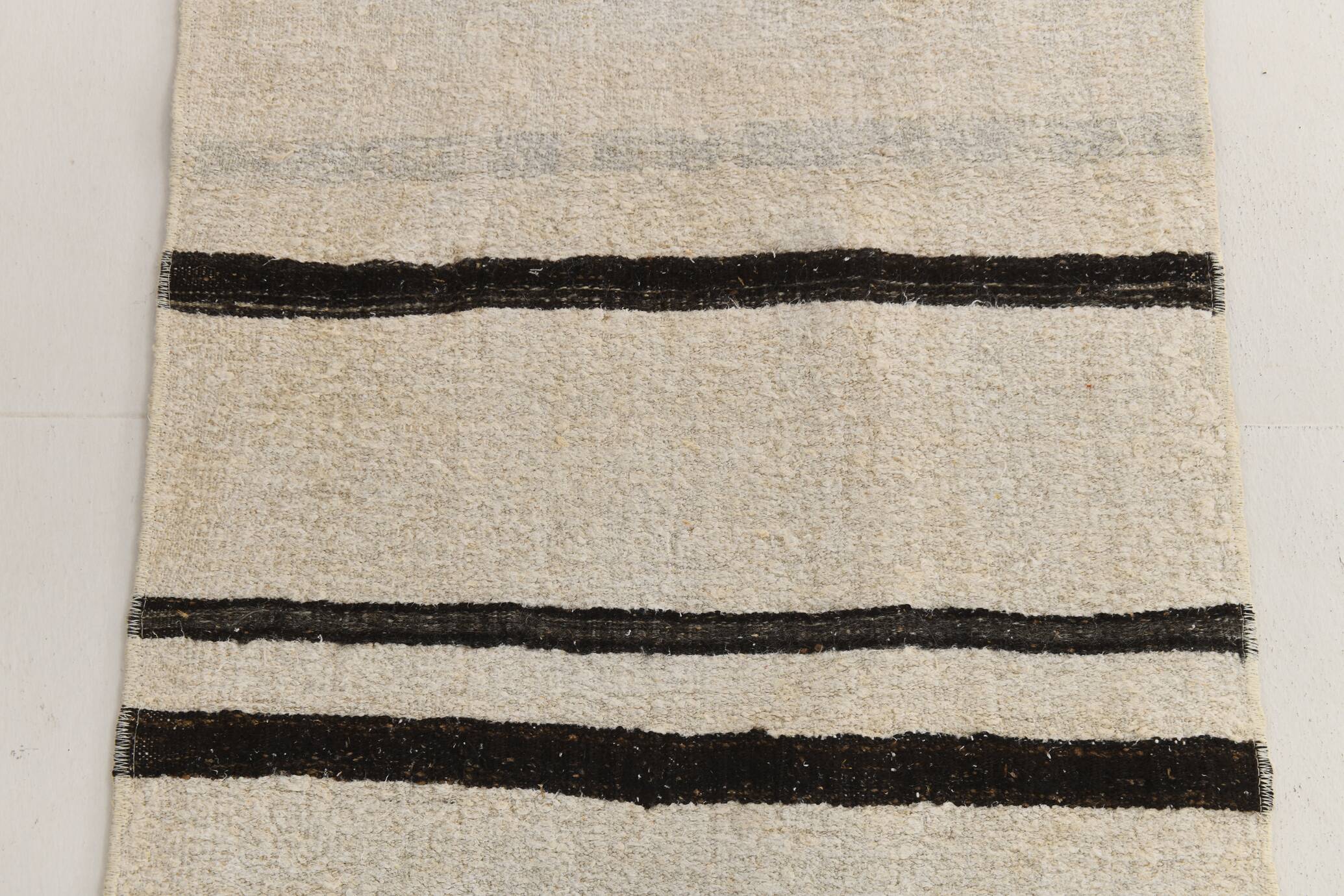 Beige & Black Striped Pattern Vintage Kilim Rug, 74x351 Cm