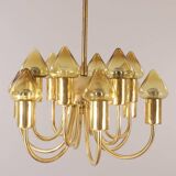 Hans-Agne Jakobsson 12-Armed Brass and Glass Model T 789/12 Chandelier, 1960s