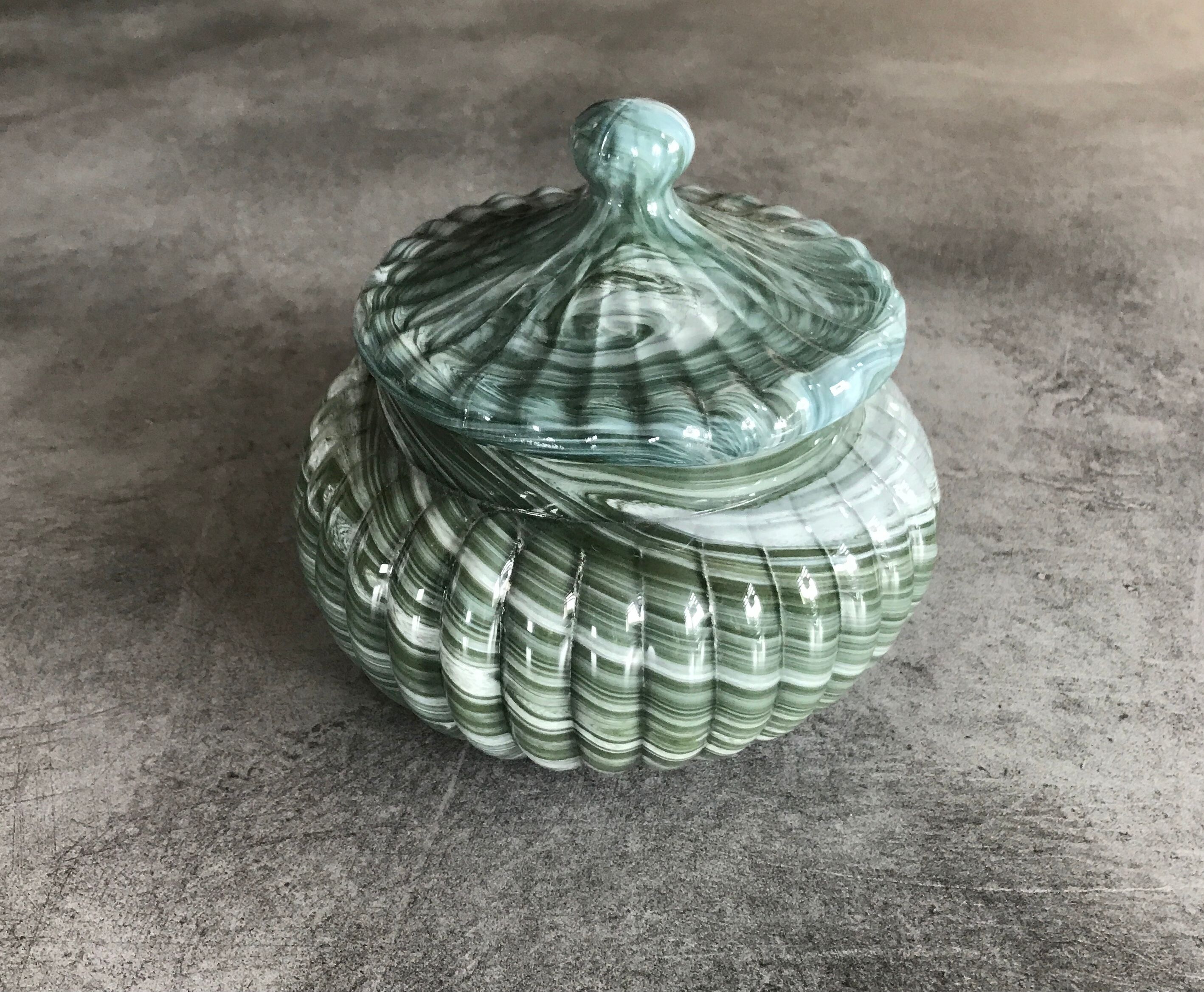 Old candy pot in glass molded effect green and white 12.5 cm