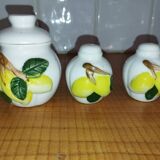 Movilex vintage set with lemons – mustard pot, salt shaker and pepper shaker –