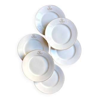 6 monogrammed Paris porcelain dinner plates