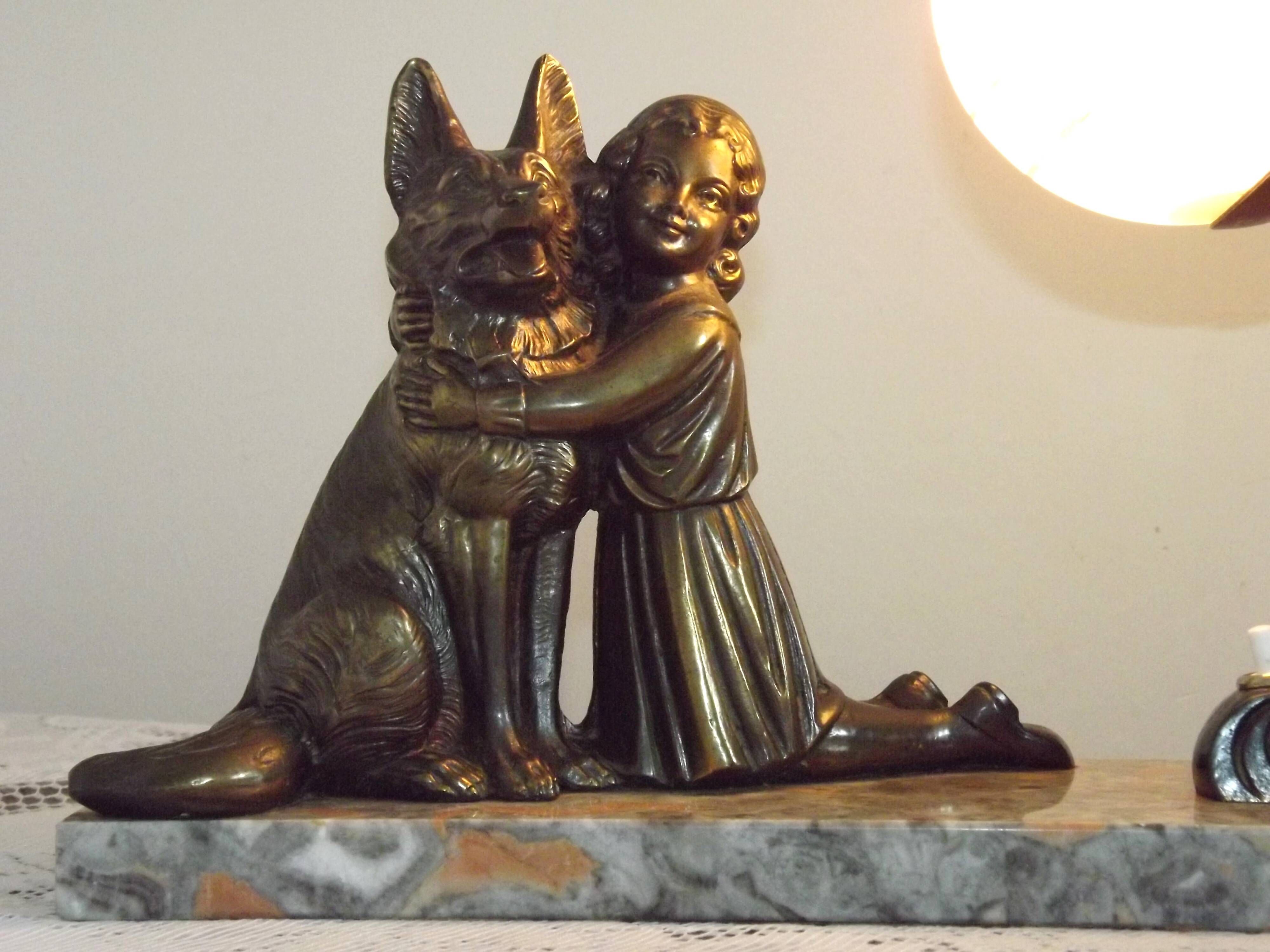 French Art Deco Table Lamp – Kneeling Girl with Dog & Clichy Glass Shade