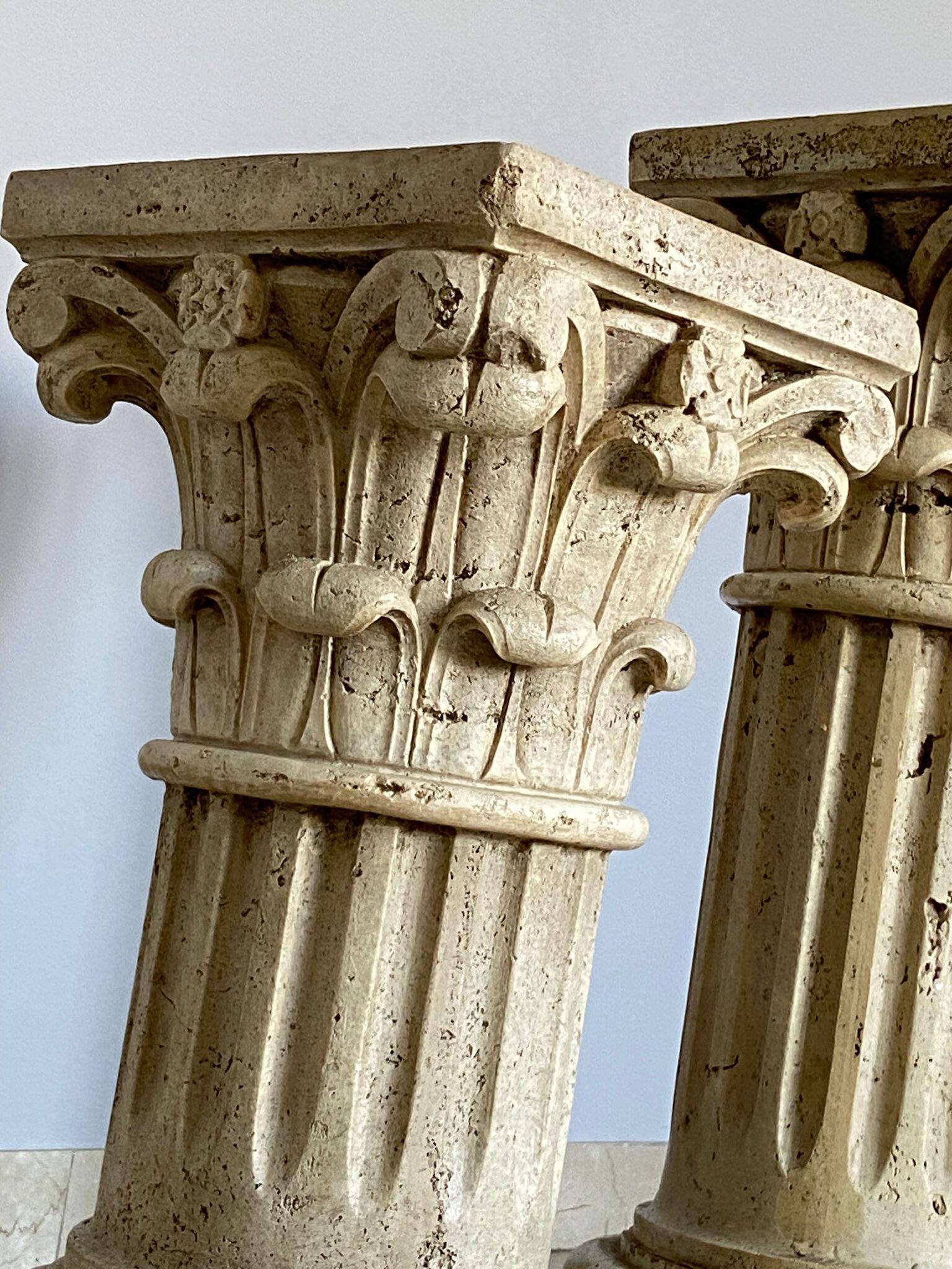 Pair of columns, corinthian style capitals in travertine, italy 1940s
