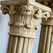 Pair of columns, corinthian style capitals in travertine, italy 1940s