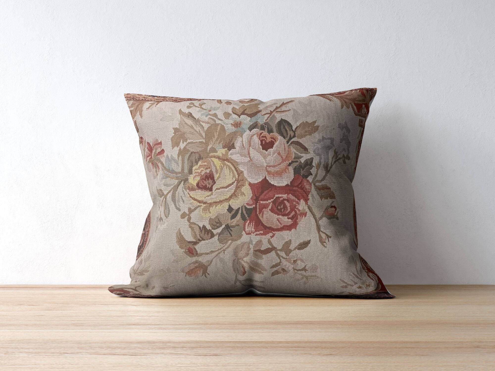 French Style Aubusson Floral Tapestry Cushion, Rose Bouquet & Tassel Fringe