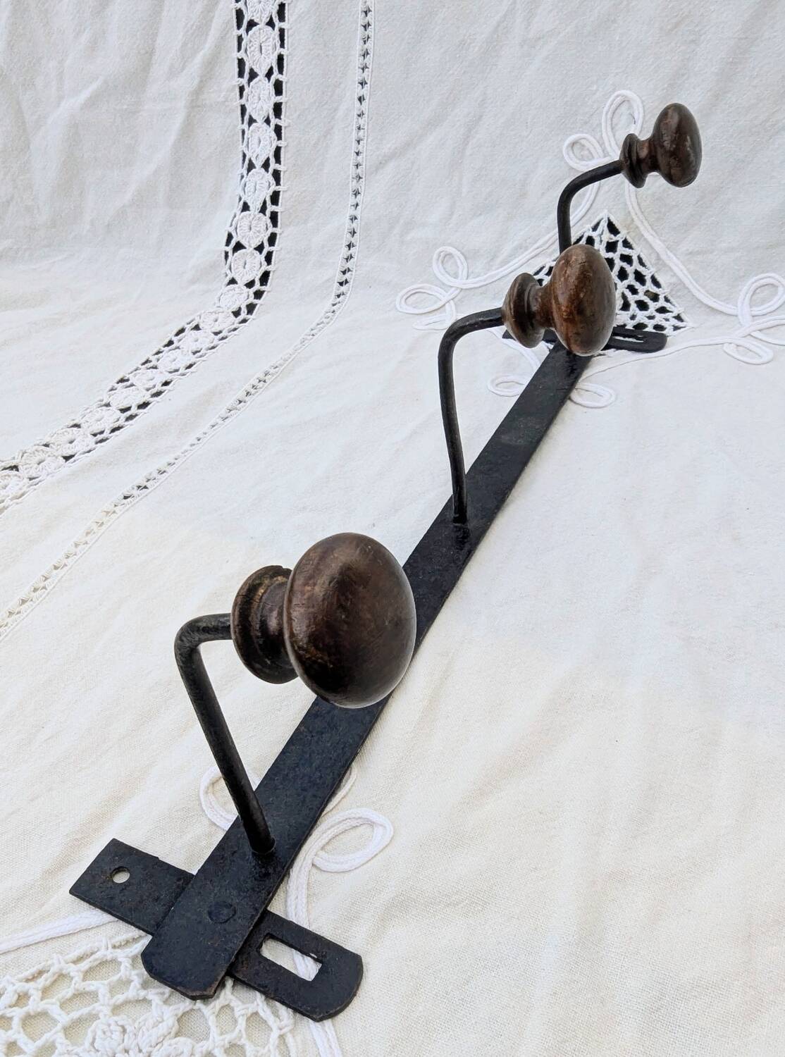 Wrought Iron Riveted Coat Rack with 3 Hooks Antique