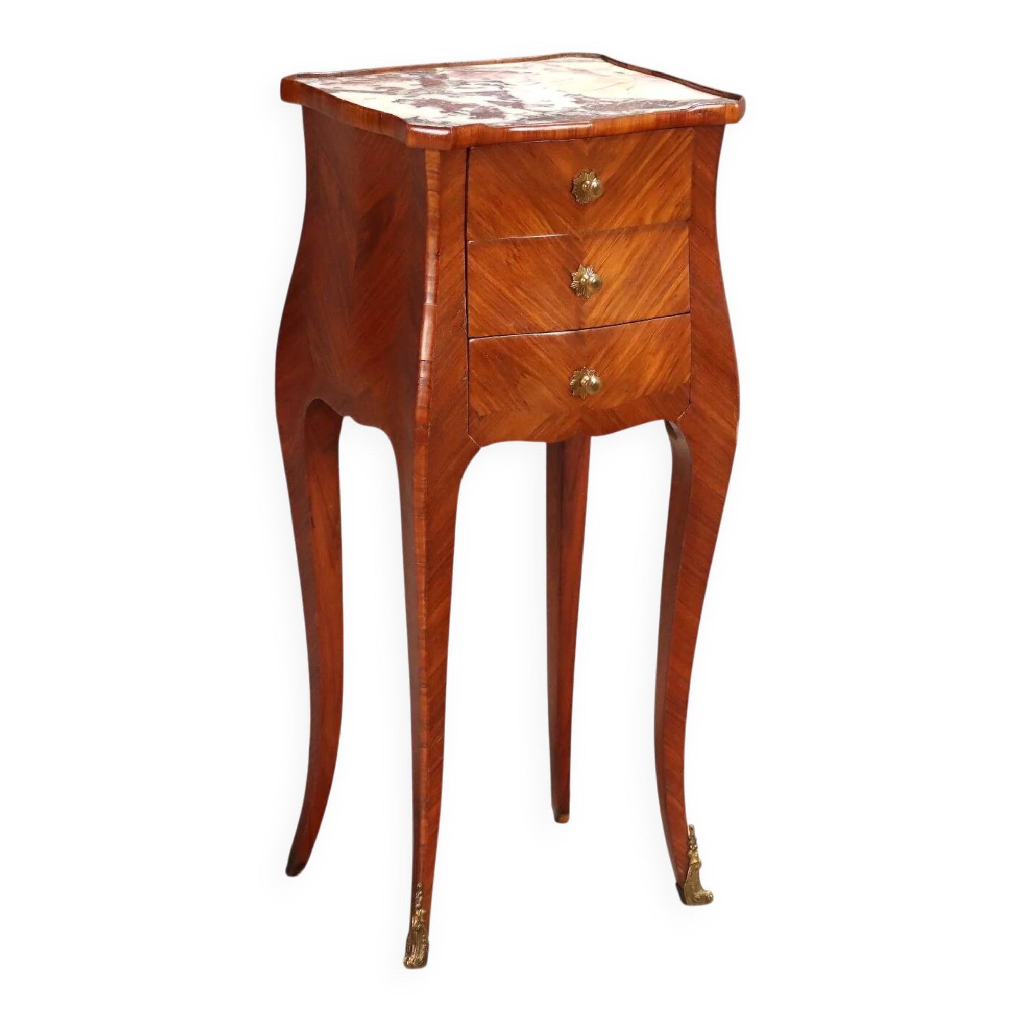 Table de chevet ancienne Louis XV en chêne plaqué bois de rose, XIXe siècle