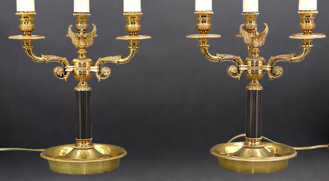 Pair of Chandeliers/Candelabra in Solid Bronze Empire Style Caramel Patina