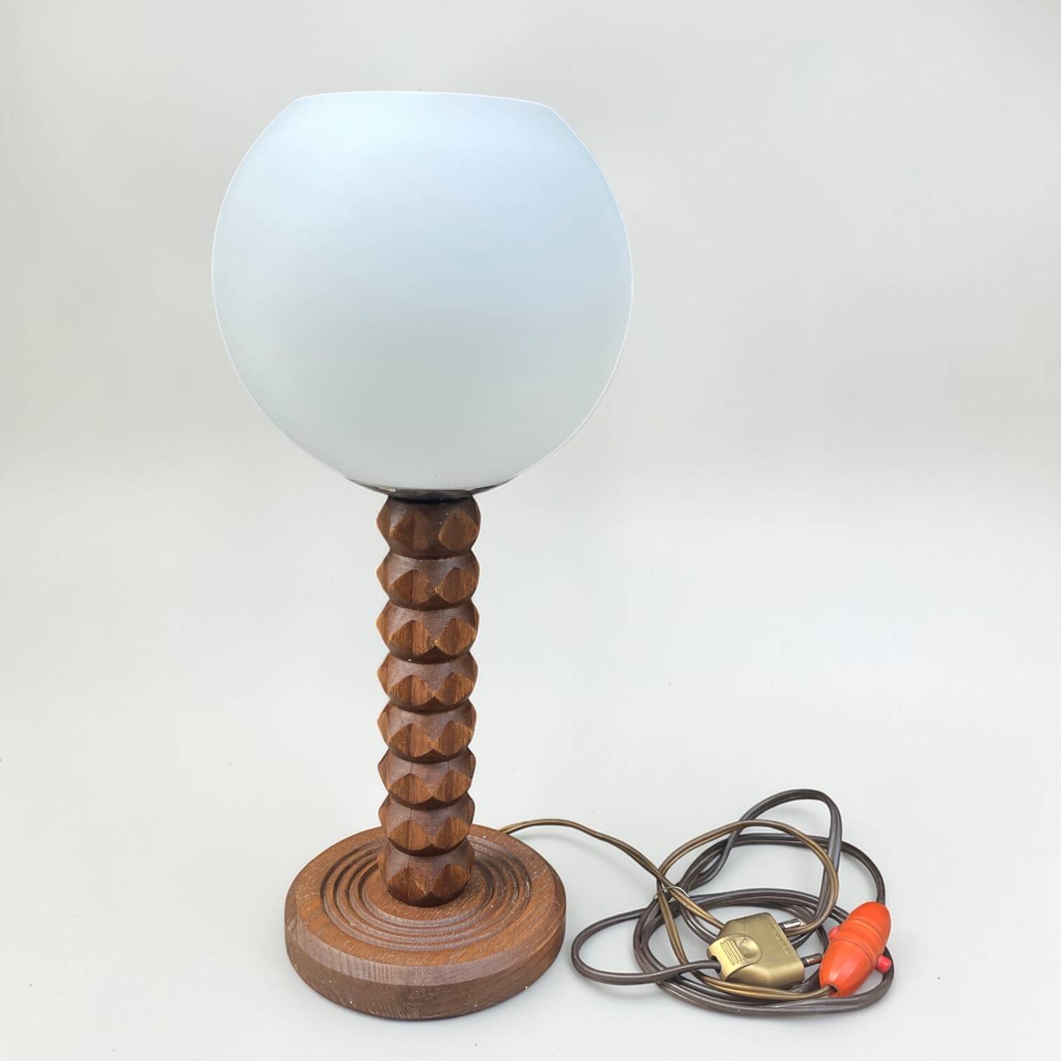 Wooden lamp in wabi-sabi brutalist style by Charles Dudouyt with white opaline.