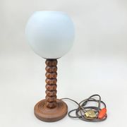 Wooden lamp in wabi-sabi brutalist style by Charles Dudouyt with white opaline.