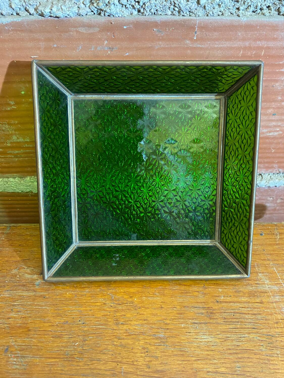 Bowl antique molded glass green + brass vintage