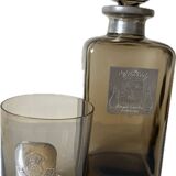Alcohol carafe with 6 glasses in smoked glass and pewter