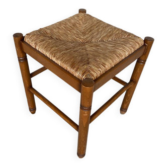 Vintage Wooden Stool with Woven Seat #D502