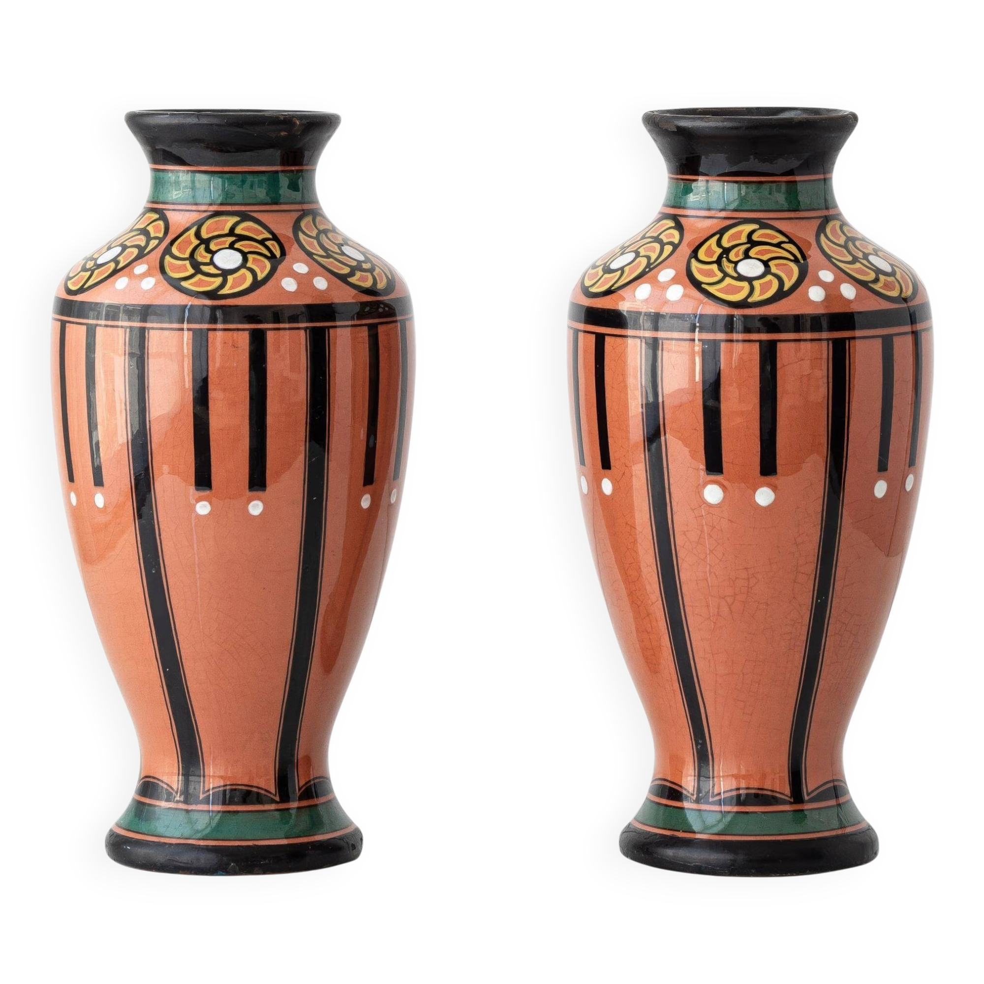Pair of Dutch Art Deco vases, hand-painted Gouda-style ceramic with bold glazing.