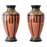 Pair of Dutch Art Deco vases, hand-painted Gouda-style ceramic with bold glazing.
