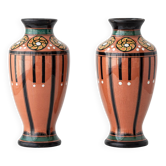 Pair of Dutch Art Deco vases, hand-painted Gouda-style ceramic with bold glazing.
