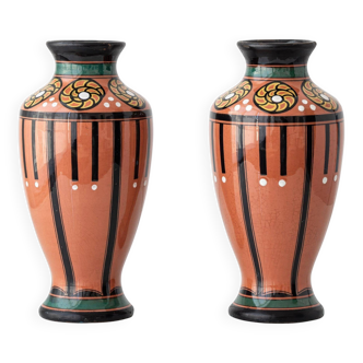 Pair of Dutch Art Deco vases, hand-painted Gouda-style ceramic with bold glazing.