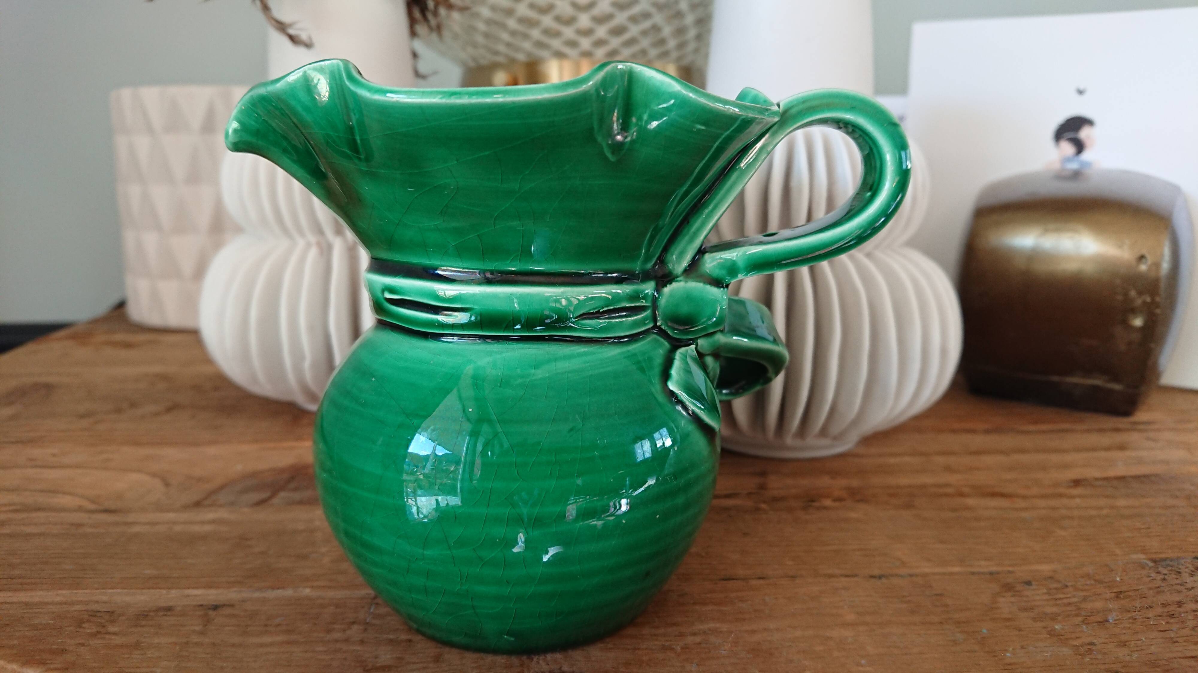Pitcher signed Cerenne Vallauris in green ceramics