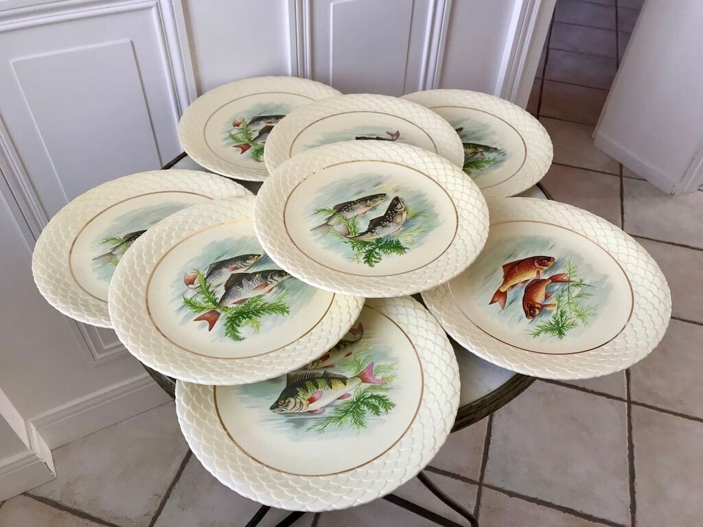 lot of 8 flat plates Gien fish 50s