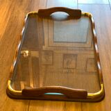 Serving tray in wood, brass and glass, 1960