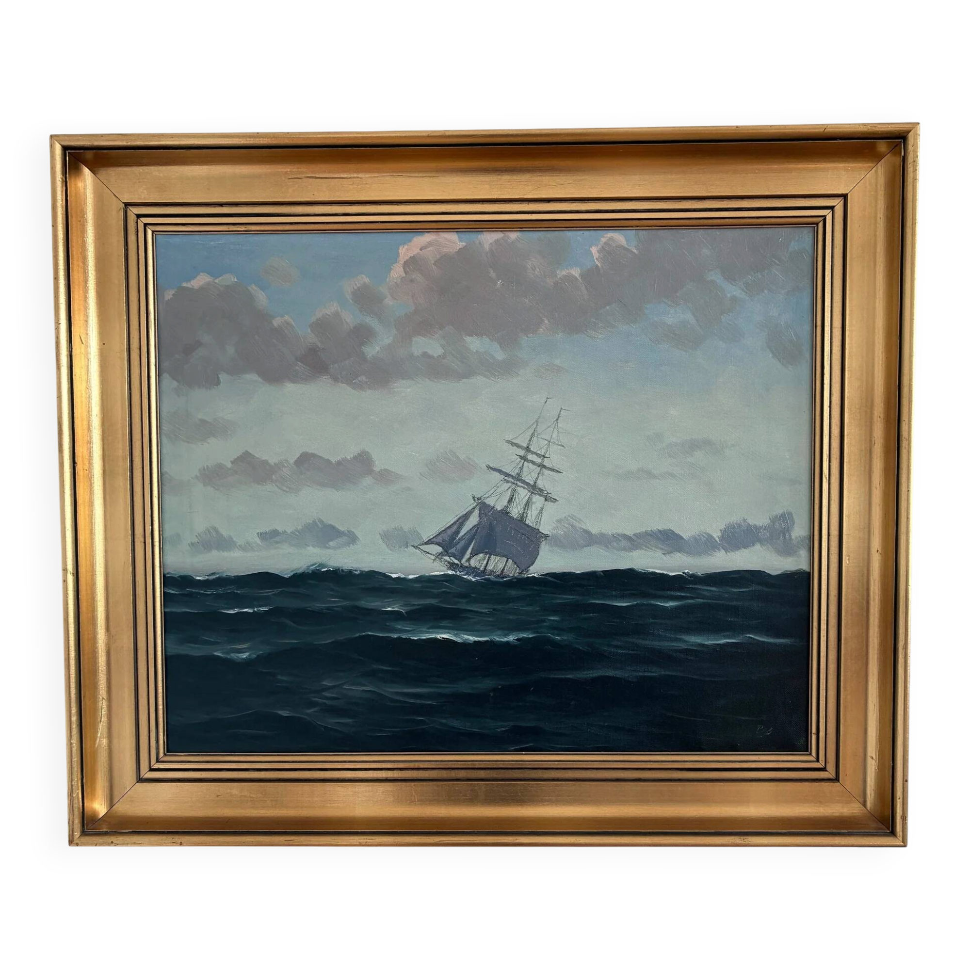 Vintage original seascape oil painting, signed sailing ship art